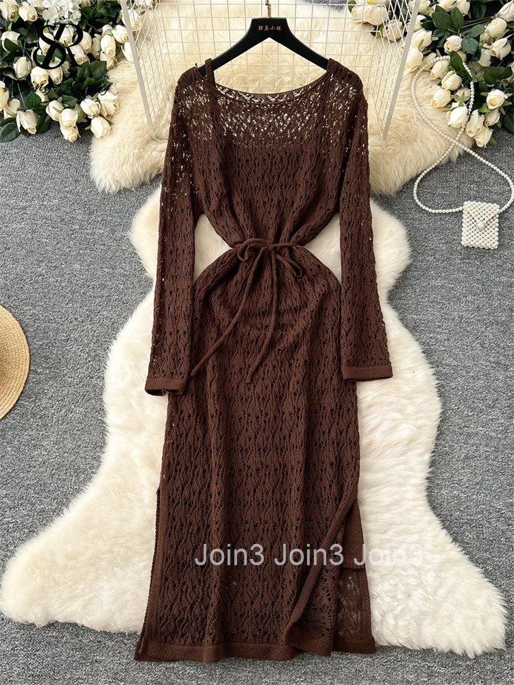 Summer Beachwear Knitting Dress Sets Female Long Sleeves Lace Up Hollow Out Dress+High Elastic Loose Homewear Sundress