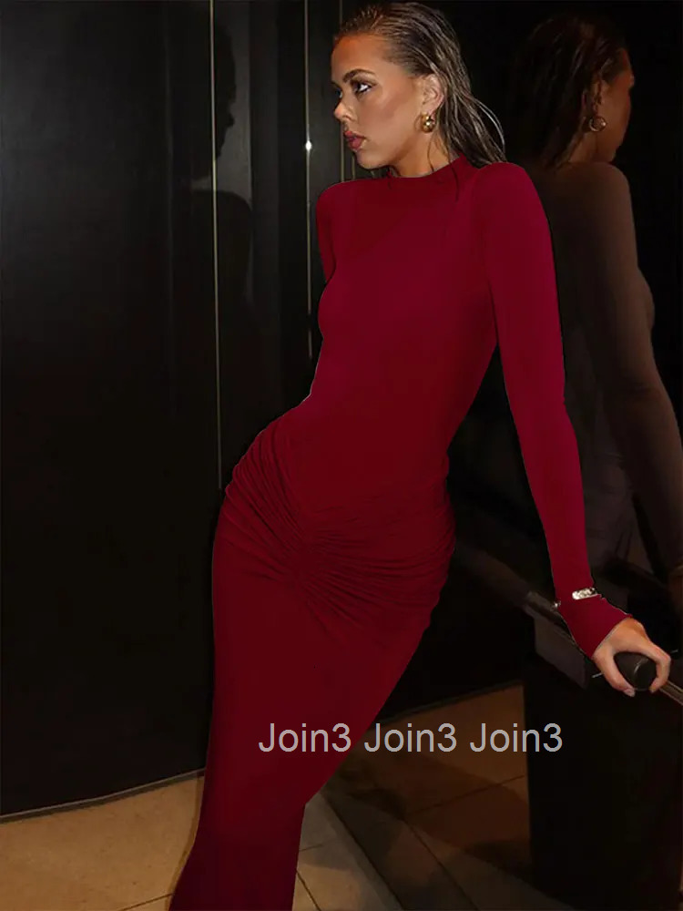 Autumn Women Dresses New Streetwear Solid Sexy Fashion Folds O-Neck Long Sleeves Casual Slim Maxi Dresses Elegant Knitted Dress