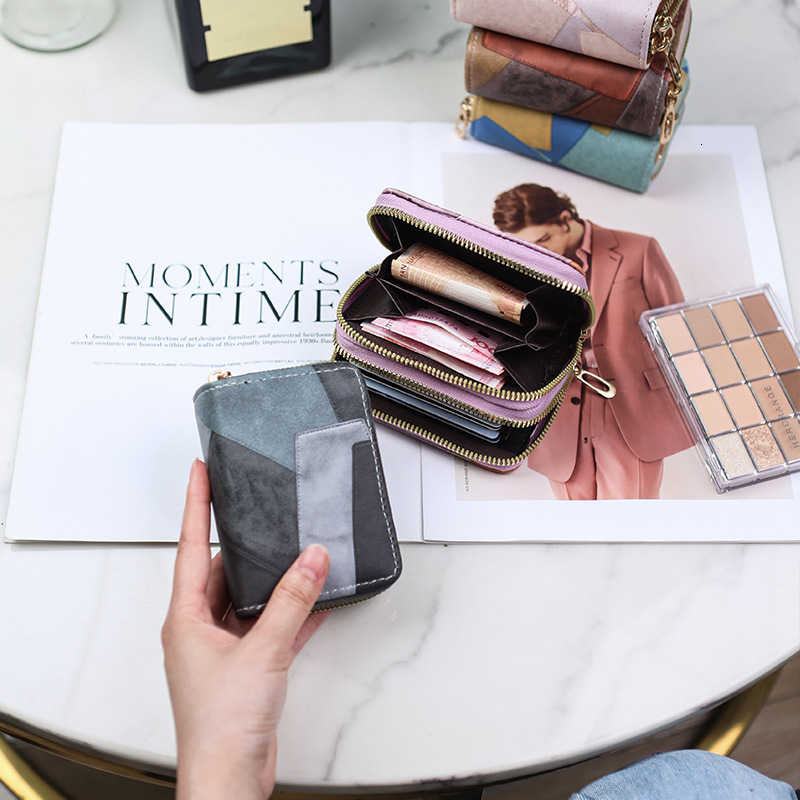 New Double Zipper Accordion Card Holder Color Block Multifunctional Short Wallet Multi-Card Slot Coin Purse
