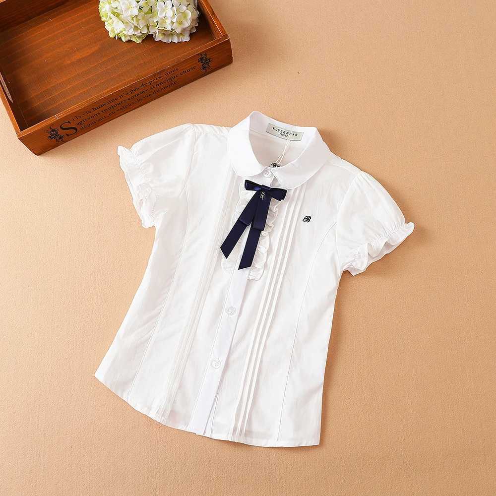Girls Blouse Shirts Summer Short Sleeve Cotton Lovely Bow Casual White Tops For 10-12 Years Childrens Clothing X250806