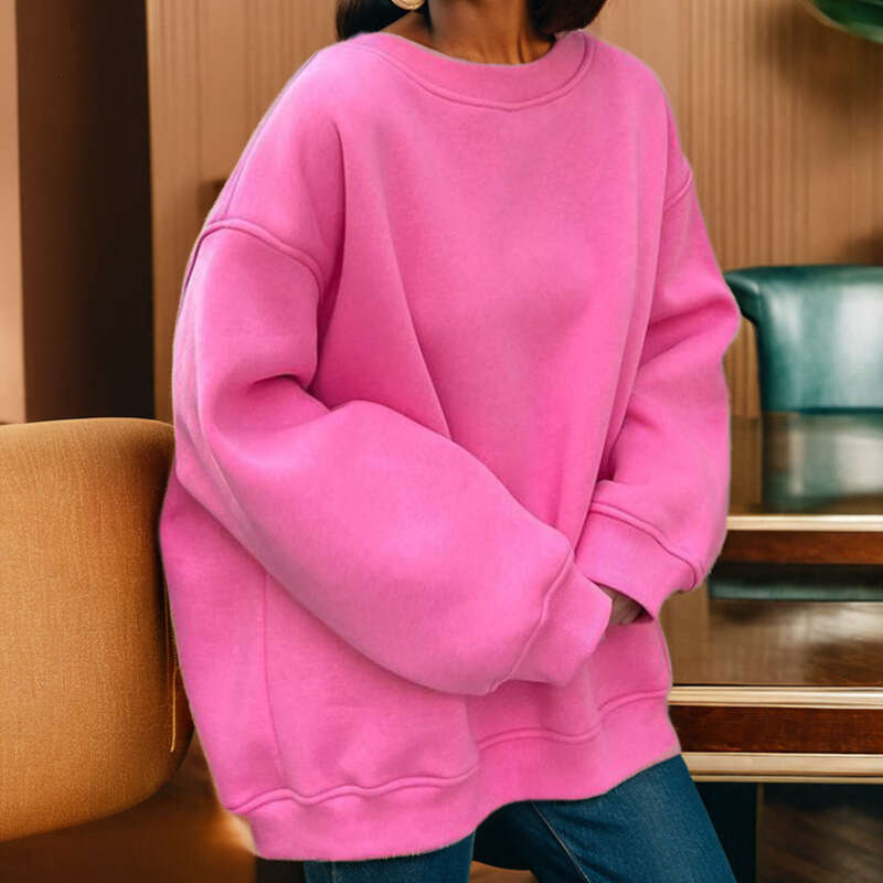 New Spring Women's Solid Color Round Neck Loose Long Sleeve Top Fleece Sweatshirt For Women 661 B5