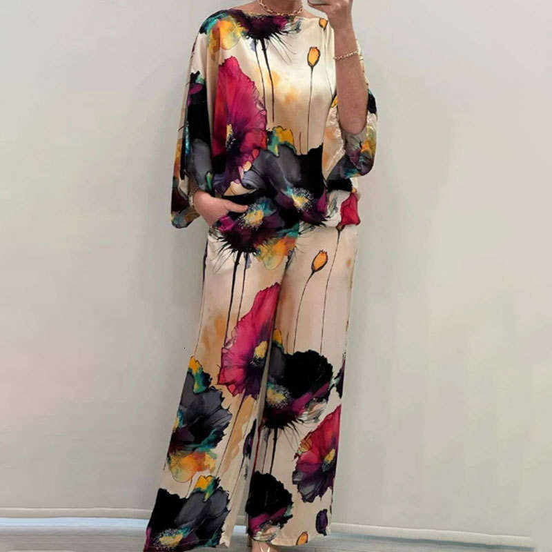 Summer New Urban Elegant Off-Shoulder Loose Printed Batwing Sleeve Drawstring Long Pants 661 B5
