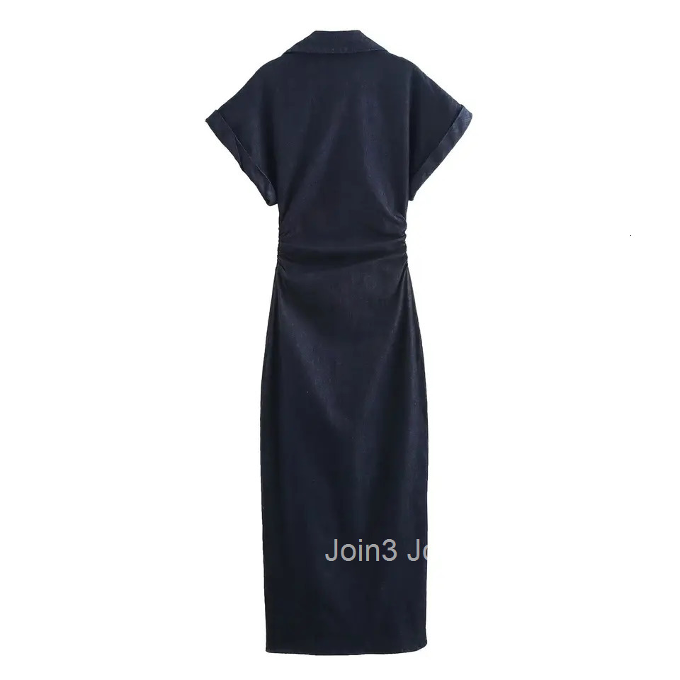 ETJ traf Spring New 1975 series denim MIDI dress with lapel side zipper fashion wrinkle waist slim elegant dress