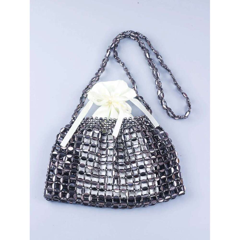 Handmade sier gold flat bead woven large-sized dumpgs fashionable and trendy one shoulder portable beaded bag 240822