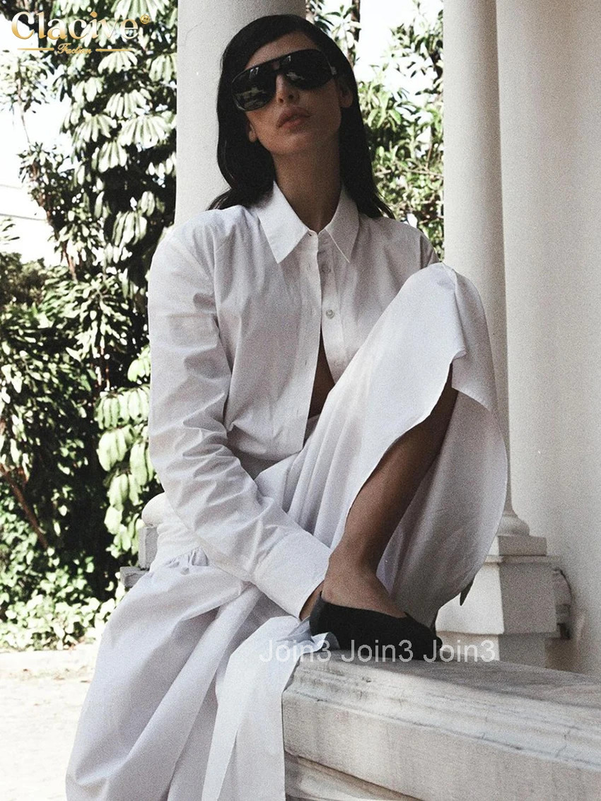 Clacive Fashion Loose White Cotton Womens Dress Casual Lapel Long Sleeve Ankle Length Dresses Elegant Classic Female Dress