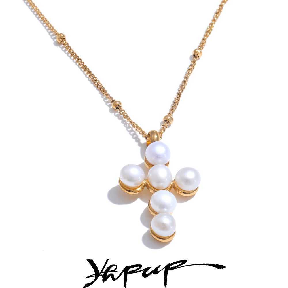 Yhpup Luxury Exquisite Stainless Steel Natural Pearl Fashion Cross Daily Necklace Jewelry Gift for Ladies Stylish Waterproof Y250805