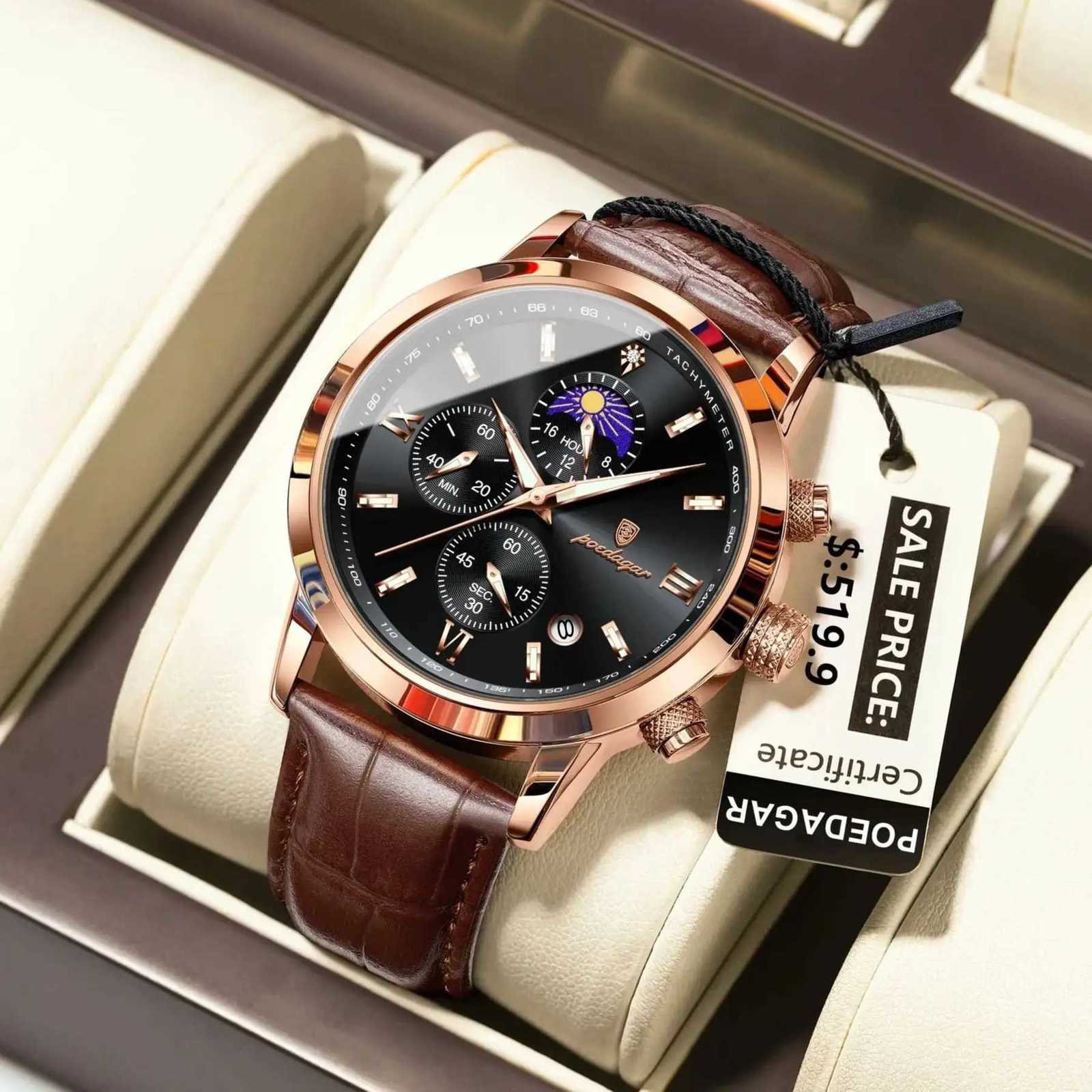 POEDAGAR Luxury Sports For Men Waterproof Luminous Date Chronograph Mens Wrist Leather Quartz Mens Watch W250806