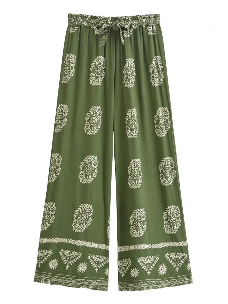 Vintage Chic Women Green Floral Bohemian Wide Leg Pants Lady Elastic Waist Loose Vacation Boho Long Pants Oversize Trousers 250806