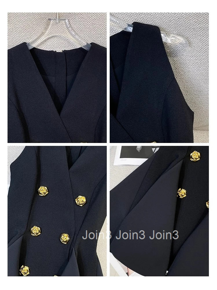 French Elegant Sleeveless A-Line Dress Women Summer Black Classic Party Style V Neck Vest With Gold Button Detail Office Clothes