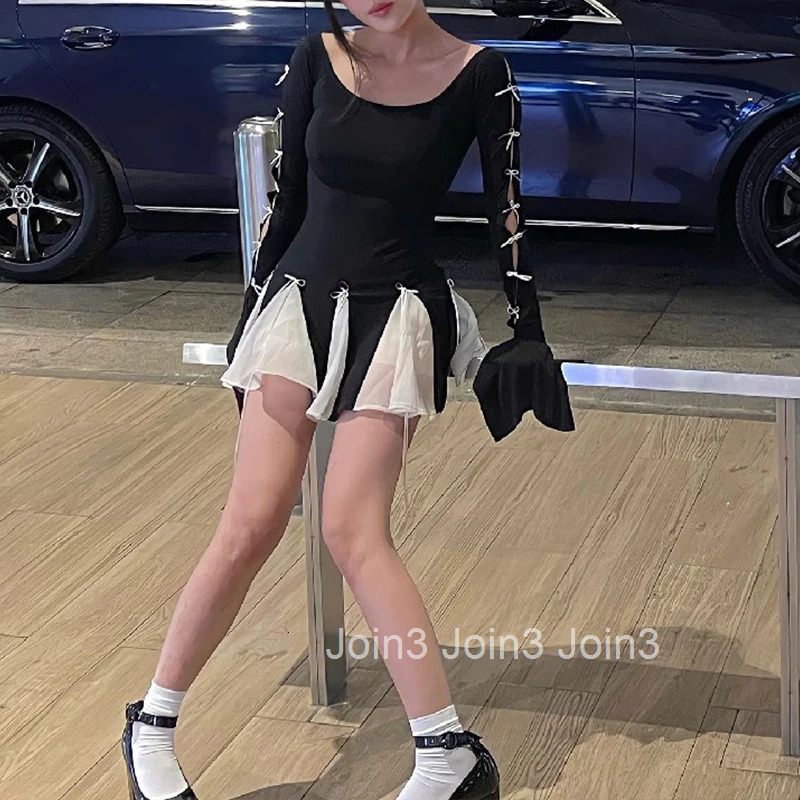 Black Mini Dress For Women Autumn Patchwork Fashion Flare Sleeve Bandage Sexy O-Neck A-LINE Dress Casual Club Elegant Partywear