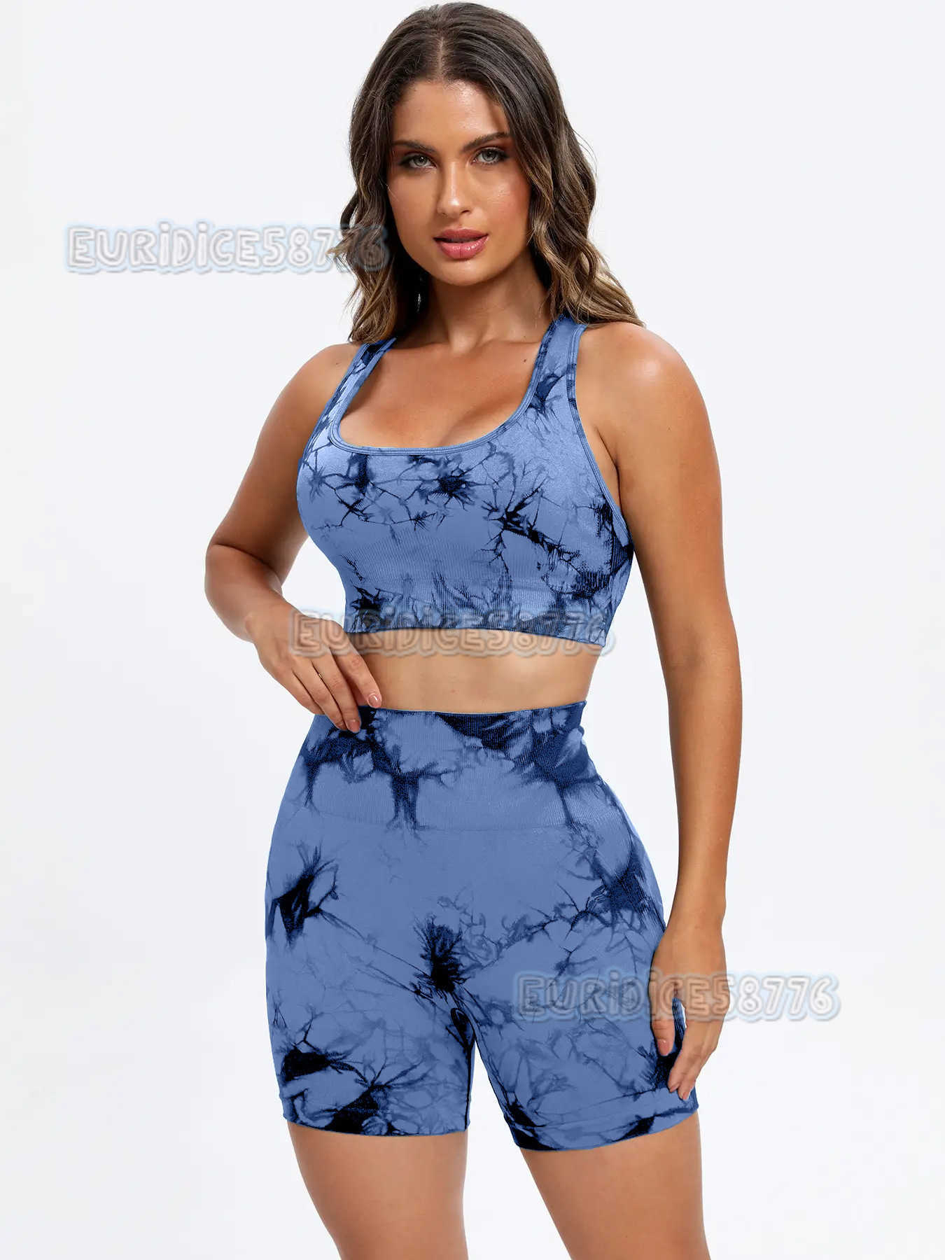 New Seamless Tie-dye Racerback Sports Bra High-waisted Peach Lift Yoga Shorts Set H250806