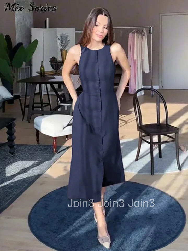 Elegant Sleeveless Long Dress Womens Slim Solid O-neck Single Breasted A-Line Dresses Summer New Ladies Fashion Robes