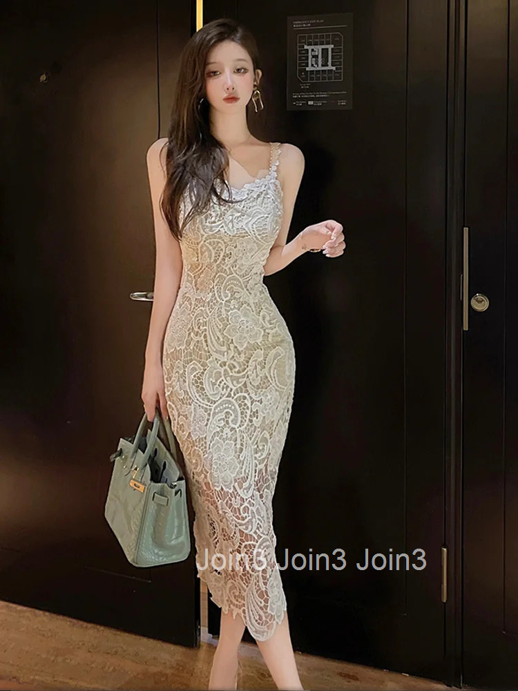 Vintage Embroidery Lace Dress Women Spaghetti Strapped High Waisted Bodycon Dress for Women Elegant Summer Vestido Evening