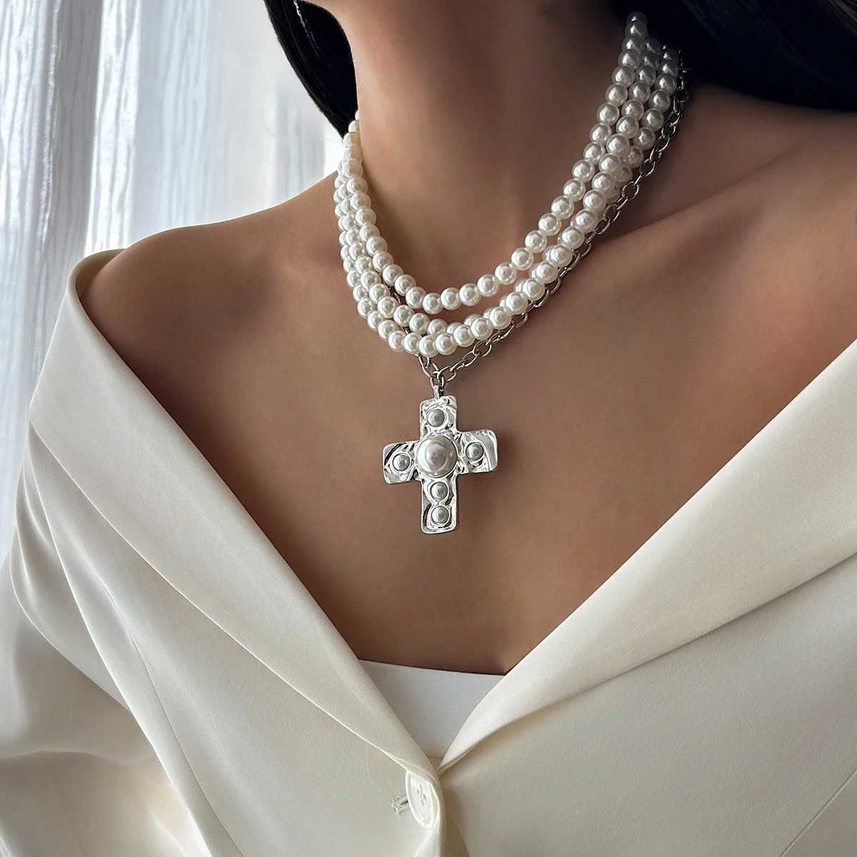 Ingemark Multilayer Imitation Pearl Chain Necklace Women Trendy 2025 Goth Big Jesus Cross Pendant Choker New Year Jewelry Gift Y250805
