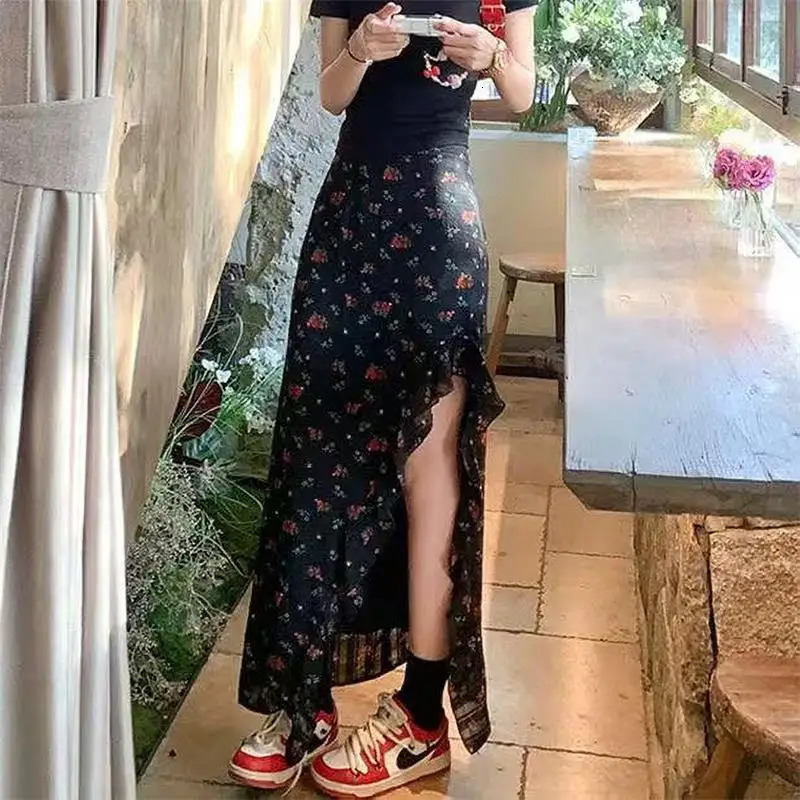 Ruffled Floral Skirt for Women Summer Mid Long High Waist Skirt Red Irregular Sexy Split Skirt Fashion Beachwear Y2k Clothing 250806