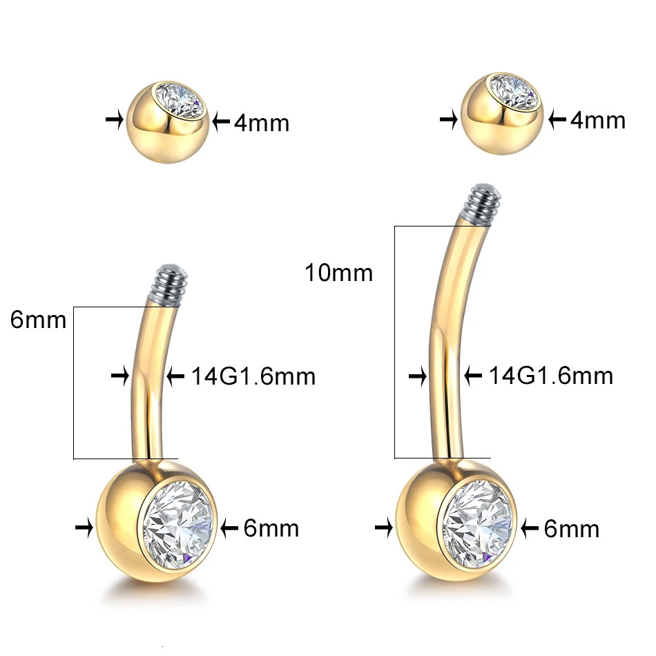 1PCS G23 14G Gold Color Belly Button Rings Navel Nombril Piercing CZ Gem 6/8/10/12mm Bar Belly Piercing Sexy Jewelry 250805
