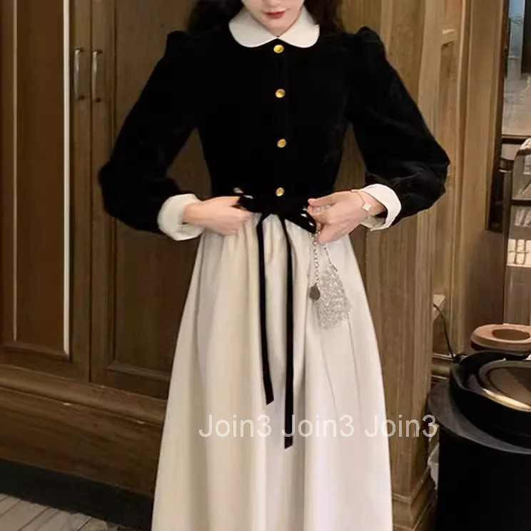 Fall Black Dress Velvet Long Sleeve Women Dress Elegant Tweed Wind Midi Womens Fashion Dresses Women Clothes