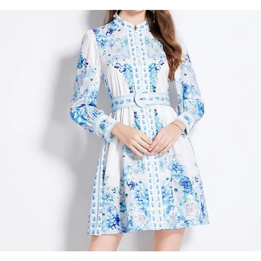 Retro Elegant sashes o neck Single Breasted print Dress lool Sleeve A-line Casual High Waist Women Summer sweet Dresses