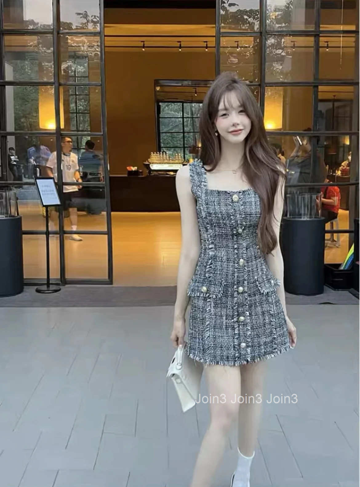 Summer Korean Sle Slimming Tweed Design Sensation Small Fraance Wind Dr Svel Vest ort Skirt Pure Color Co...