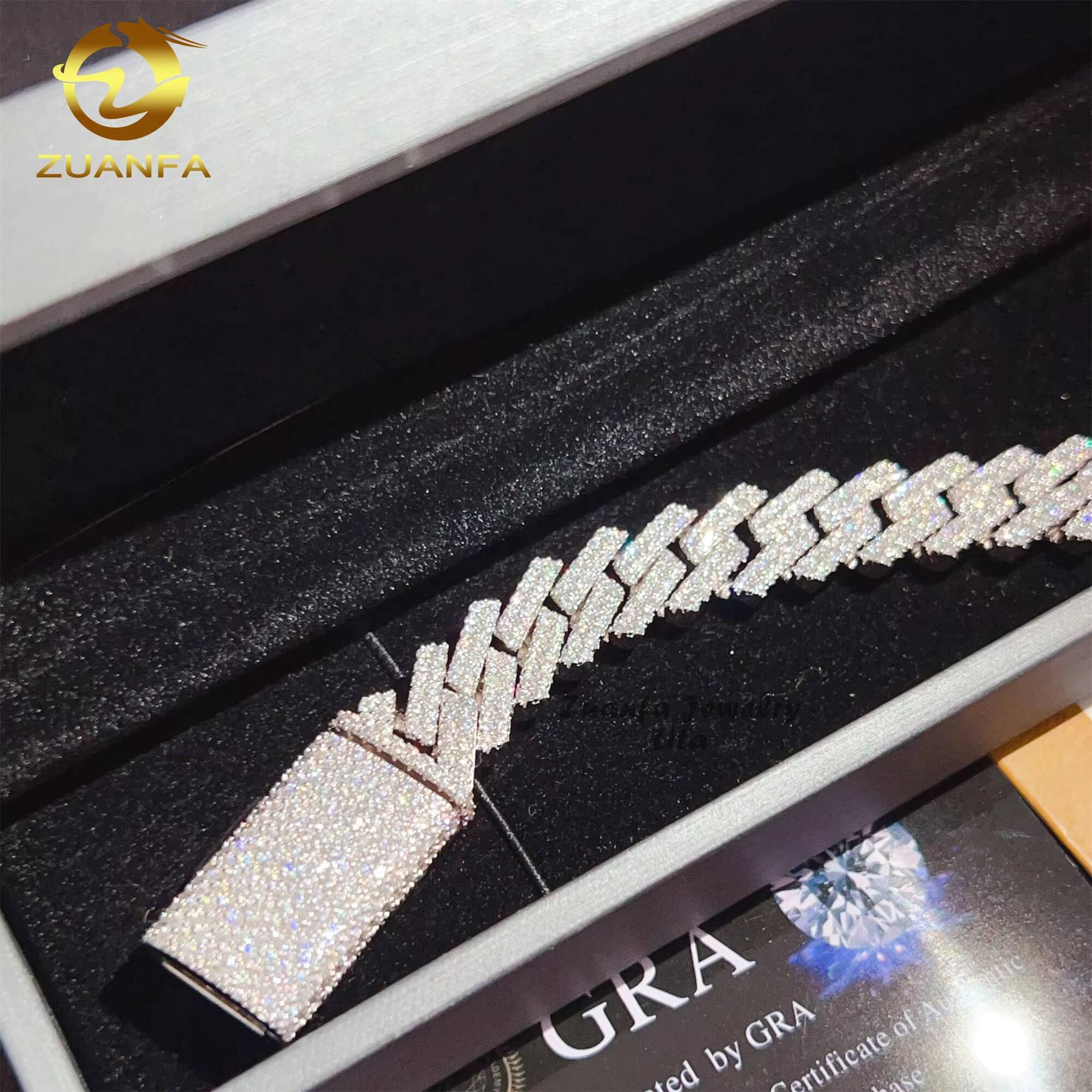 Hot Selling Two Row Diamond 14mm Hip Hop 925 Sterling Silver Straight Moissanite Cuban Link Bracelet