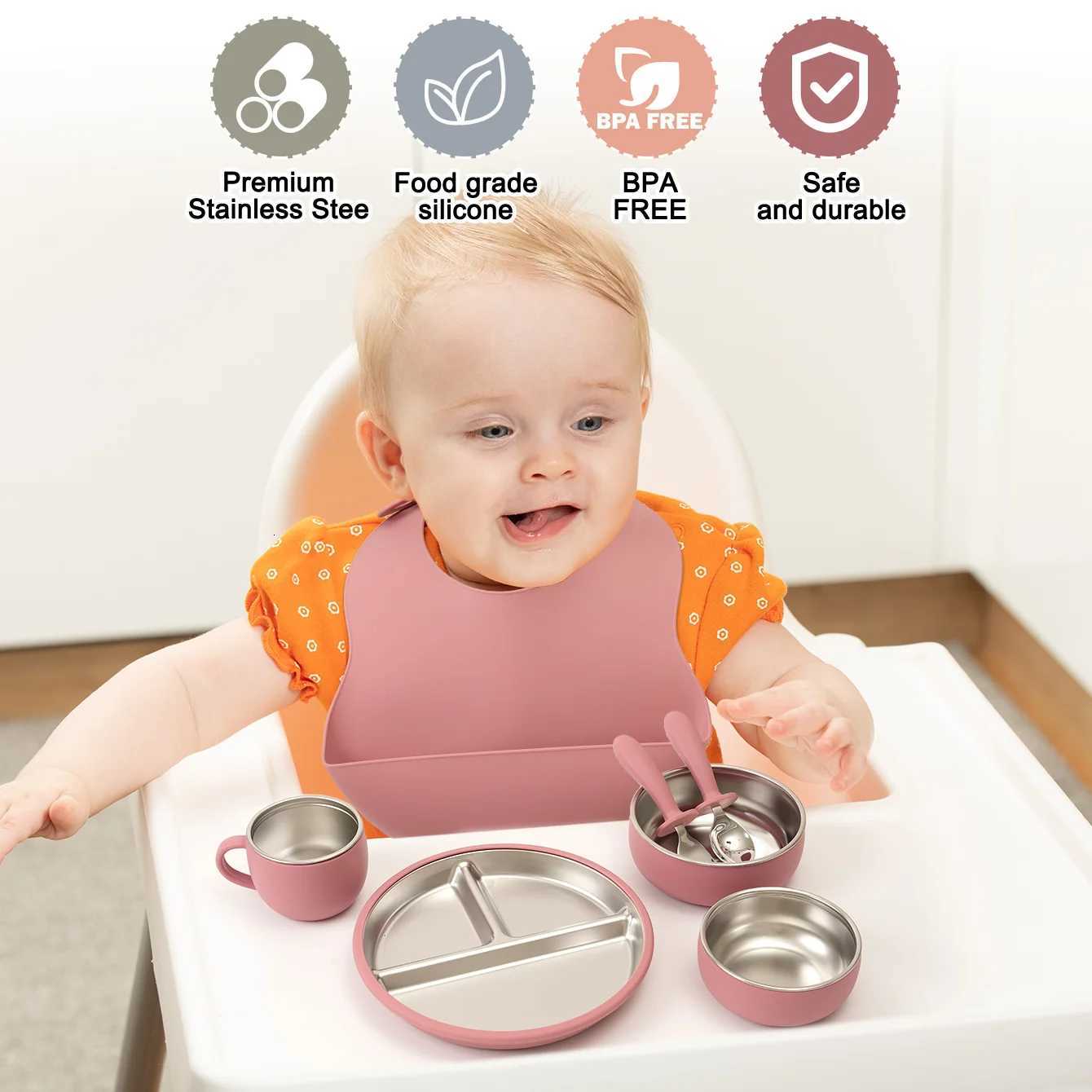 7PCS Food Grade Silicone Feeding Set Sucker Dishes Bowl Leakproof Bib Stainless Steel Utensils Toddler Cup Baby Newborn Items X250806