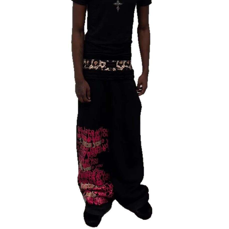 American High Letter Print Double Waistband Casual Pants Men Street Hip Hop Fake Two-Piece Loose Straight Sweatpants