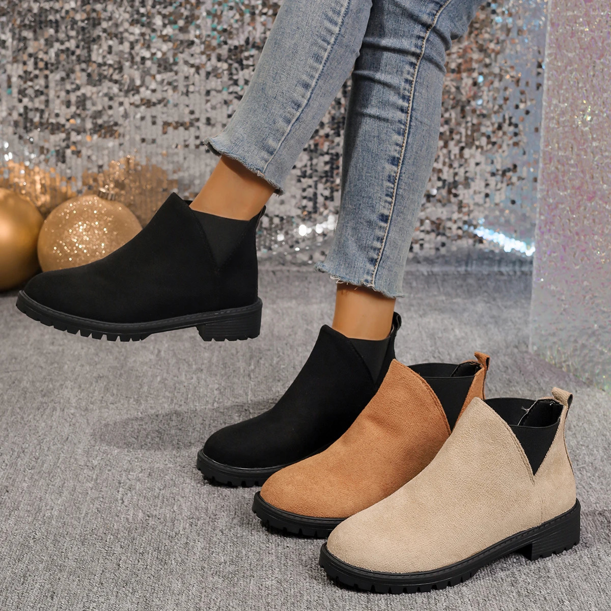 Womens Casual Fashion Round Toe Chunky Heel Suede Ankle Boots With V-cut 7cm Heels For Work And Anti-slip Outfits 250805