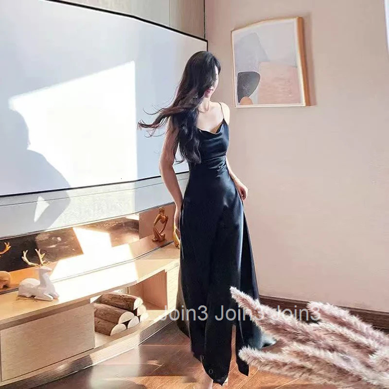 Black Slit Camis Dress Women Summer Sexy Backless Spaghetti Straps Midi Dress Y2K Elegant Satin Sleeveless Party Night Vestidos