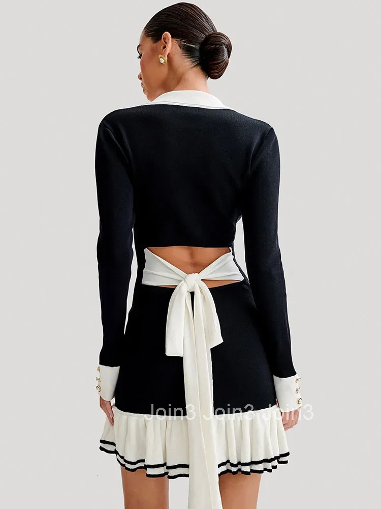 Tossy Ruffled Bow Knit Mini Dress Womens Summer Backless Contrast Cardigan Lace-Up Elegant Dress Female Knitwear Bandage Dress