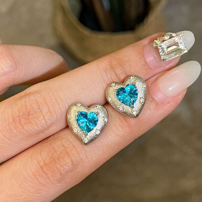 Light High-End Feel Paraiba Heart Ring Necklace Earrings Inlaid with Zircon Exquisite Women's Set