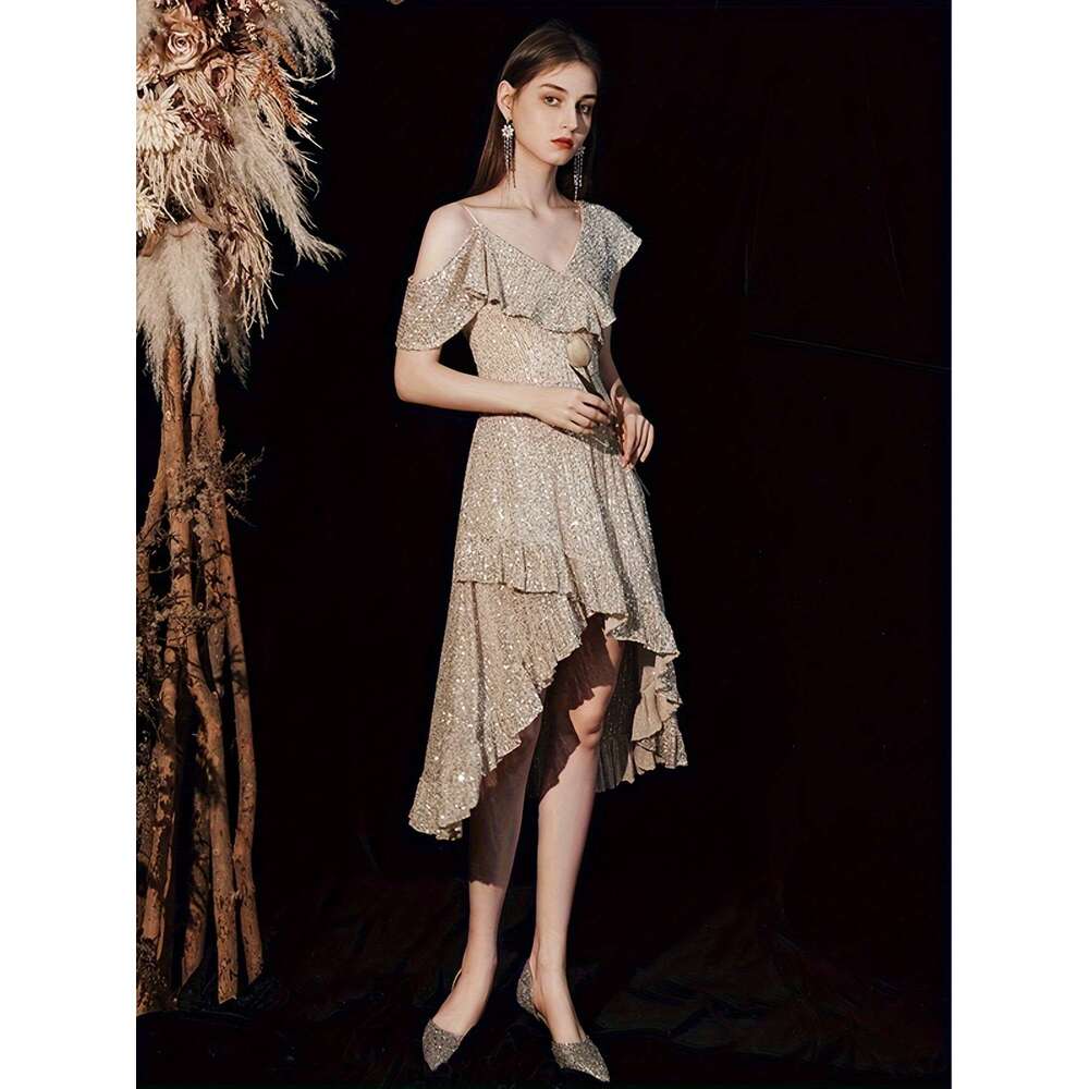 Elegant Champagne Sequin High - Neck A - Line Mini Evening Party Dress for Women