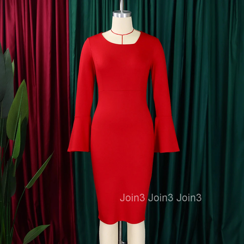 Elegant Office Dresses for Women Flare Sleeve Solid Sheath Package Hips Mid Calf Professional Female Business Work Wear Dress OL