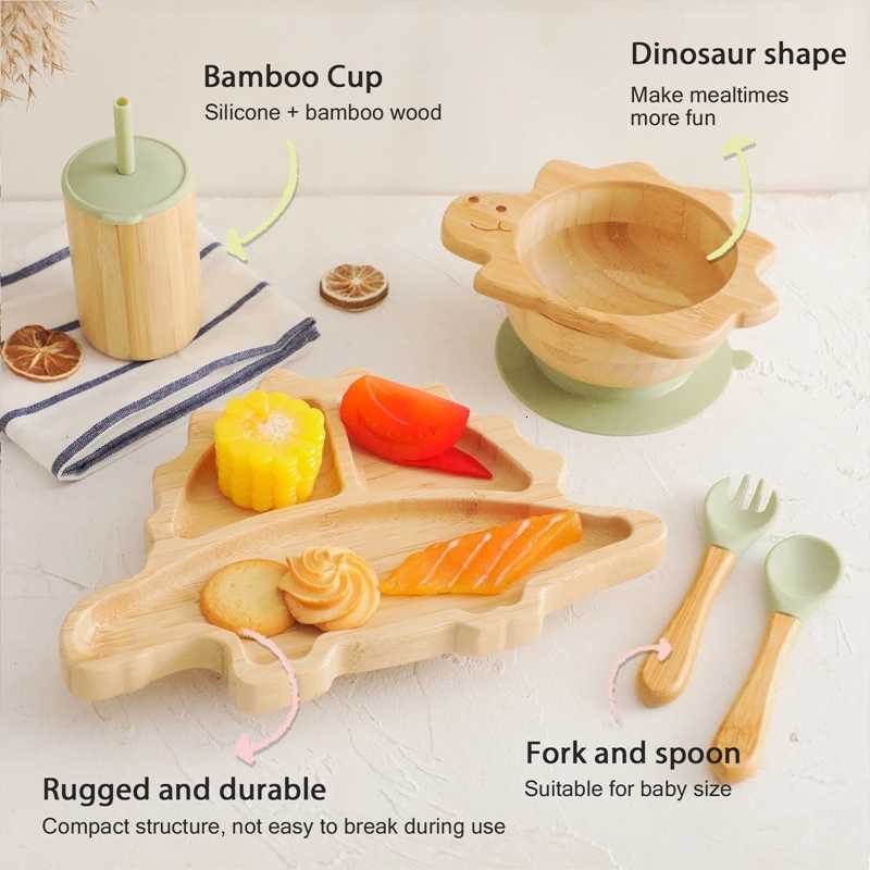 Baby Bamboo Wooden With Silicone Suction Tableware Children Cartoon Dinosaur Feeding Bowl Spoon Fork Set Kid Feeding Accessories X250806