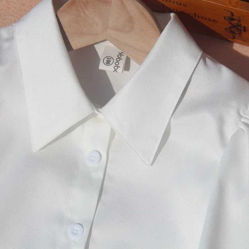Korean Children Nine Point Sleeves White Blouses Toddler Girl Puff Sleeve Top Chiffon Summer Turn-down Collar Teen School Shirt X250806