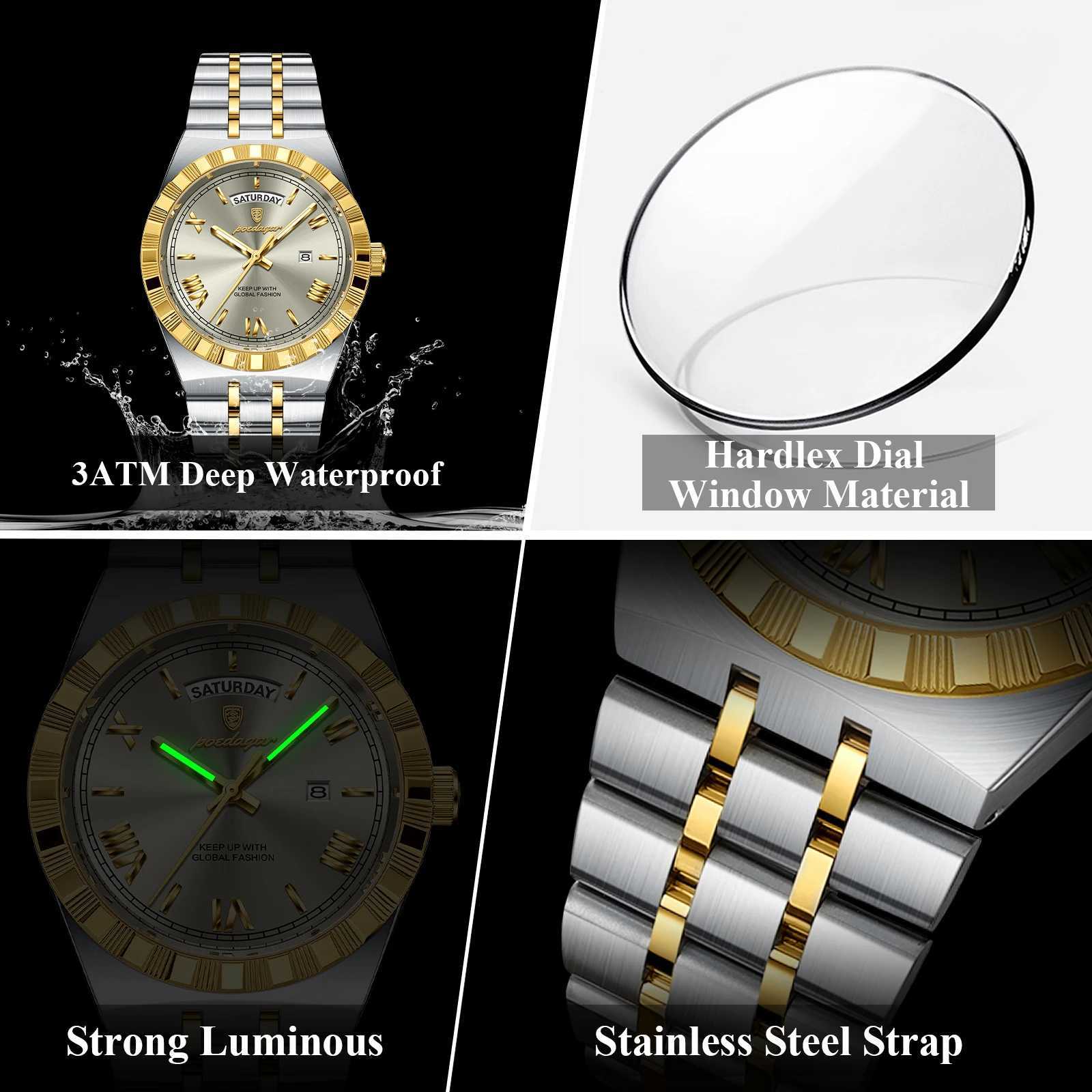 POEDAGAR Luxury Business Mens Week Date Waterproof Luminous Watch for Men Stainless Steel Quartz Mens Fashion Wrist W250806