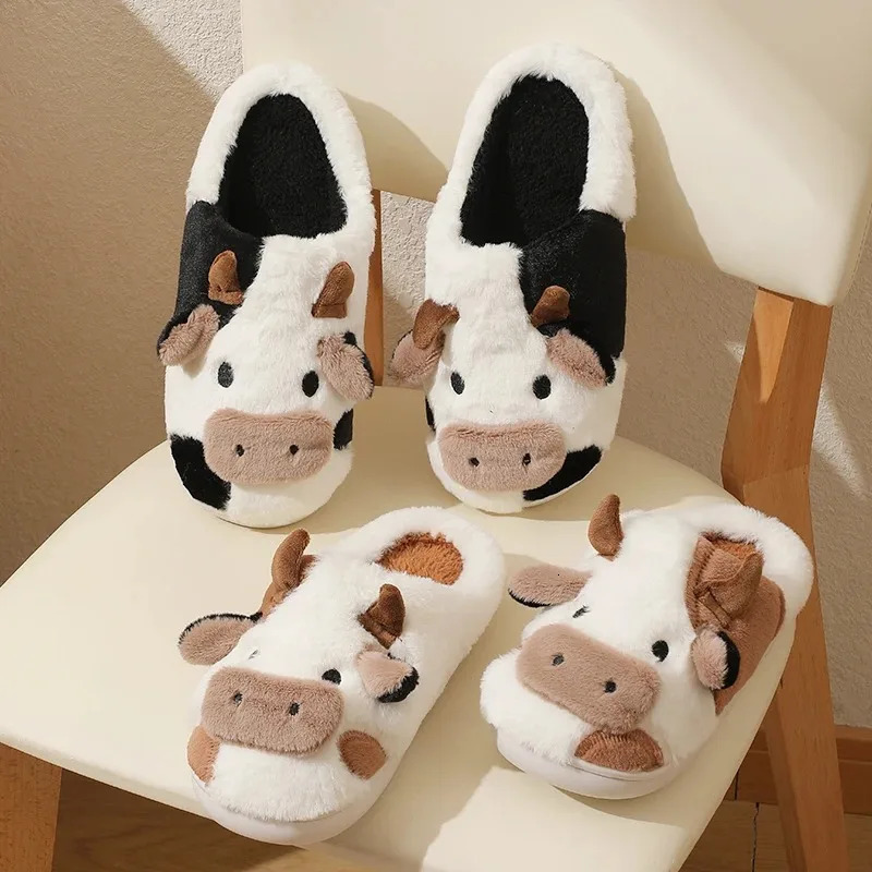 Winter Unisex Cartoon Cow Warm Plush Slippers Couples Indoor Non-slip House Slides Men And Women Toe Wrap Home Cotton Shoes 250731