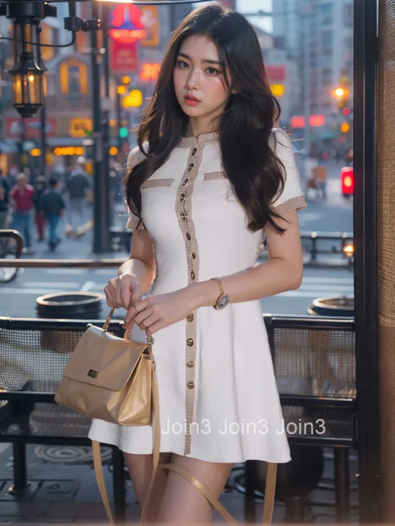 Women Elegant Contrast Single Breasted Knitted Mini Dress Fashion O Neck Short Sleeve A Line Vestidos Female Summer PLQ7