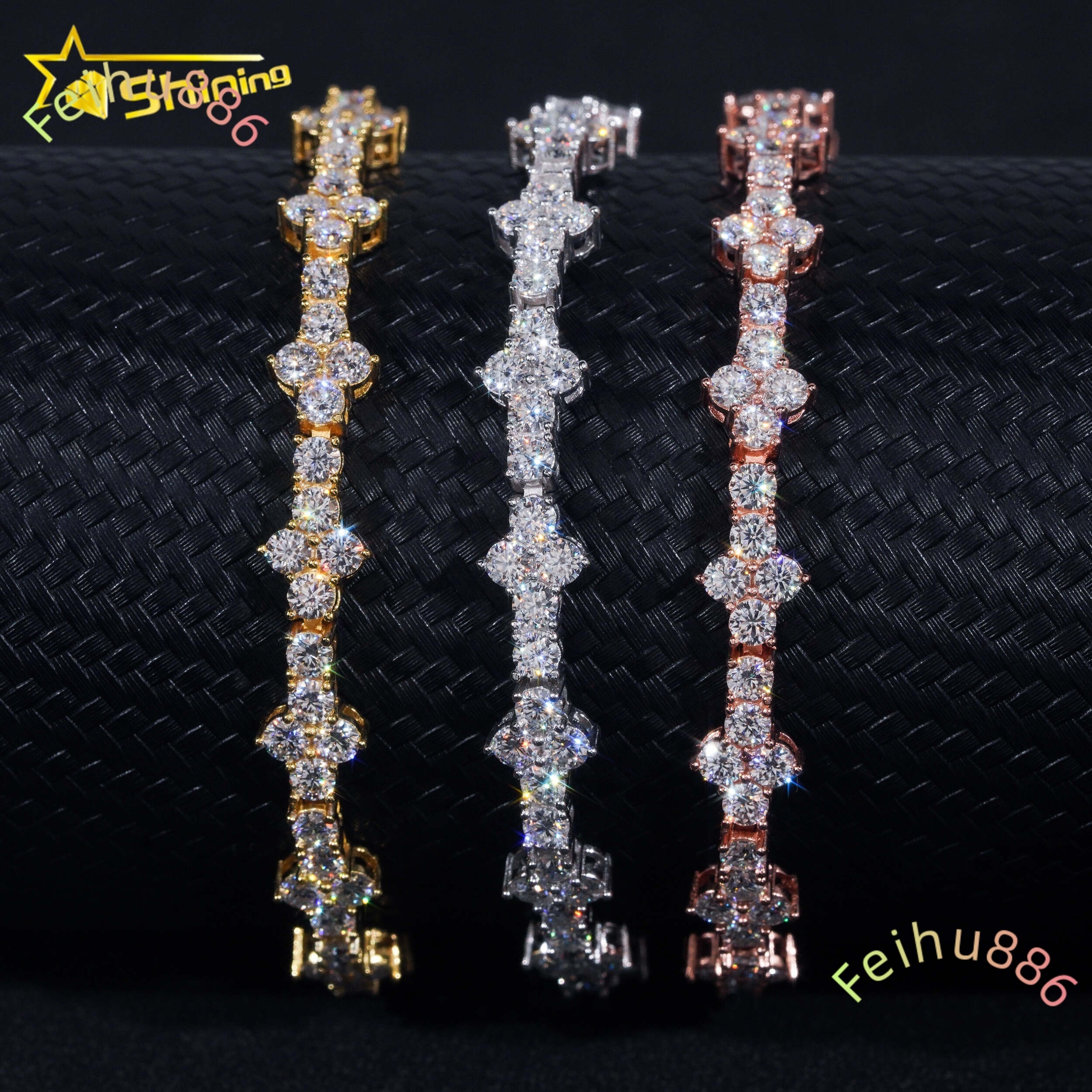 Stylish New Arrival Fashion Femme Design 925 Silver VVS Moissanite Diamond Iced Out Four Leaf Clover Cross Tennis Chain Bracelet