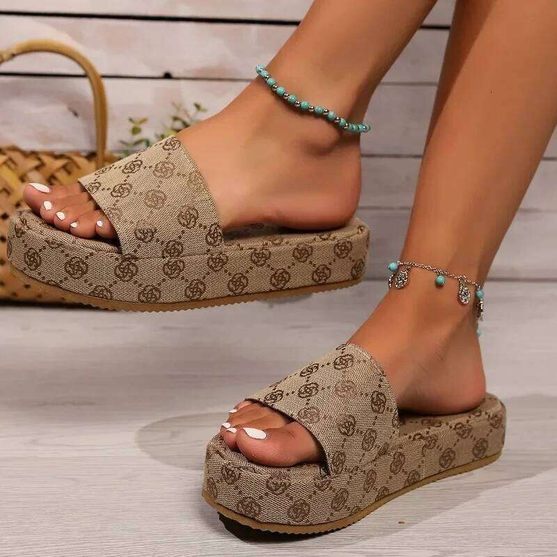 Summer New Round Toe Non-slip for Fashion Flower Khaki Flat Women Beach Sandals Slippers