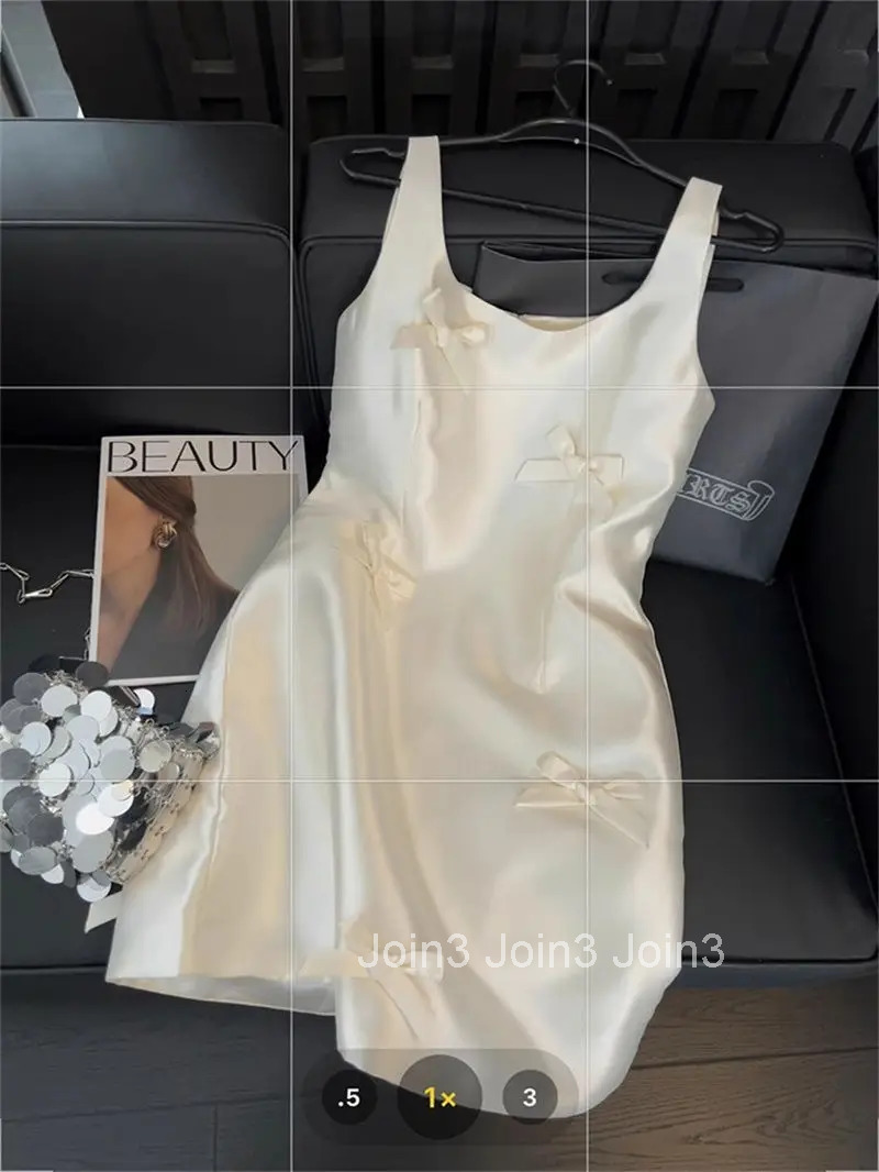 Women Elegant Mini Dress Satin Bow Decor Sleeveless Square Neck Slim Fit Suit French Style Party Club Night Summer Outfit