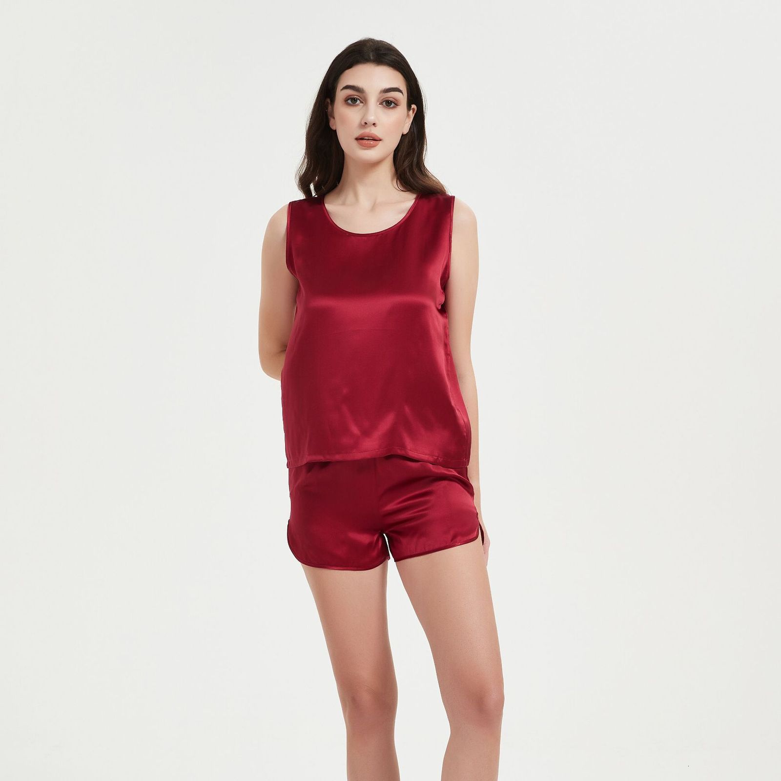 Women Mulberry Silk Vest and Shorts Set Sleeveless Homewear Summer Pajamas Satin Pajamas Set Nightwear Sleeveless Tank Top with Shorts Sleepwear 23050