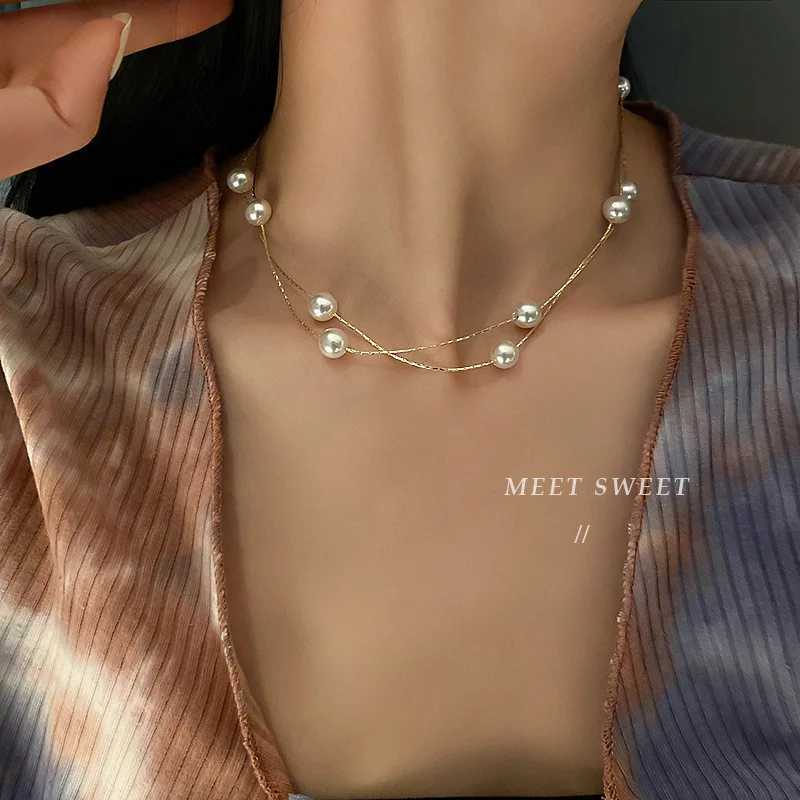 Korean Double-layered Pearl Necklace Personalized Fashionable Womens Clavicle Beaded Necklace Holiday Banquet Girl Jewelry Gift Y250805