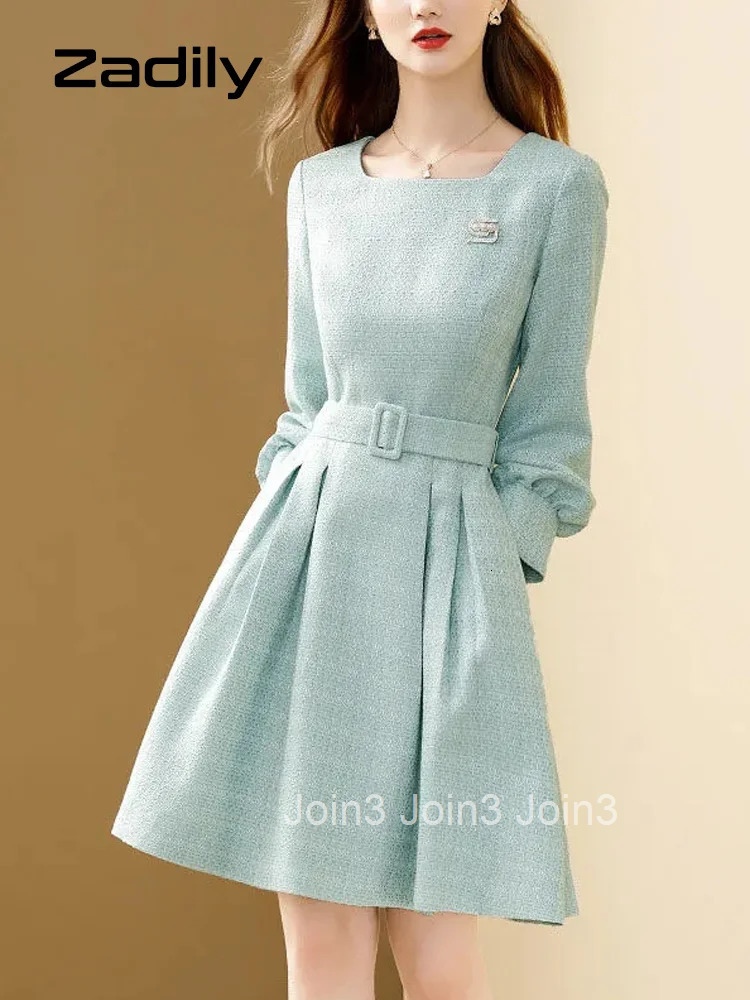 Zadily Spring French Style Long Sleeve A-Line Dress Women Elegant Sashes Solid O Neck Mini Dresses Party Vestidos