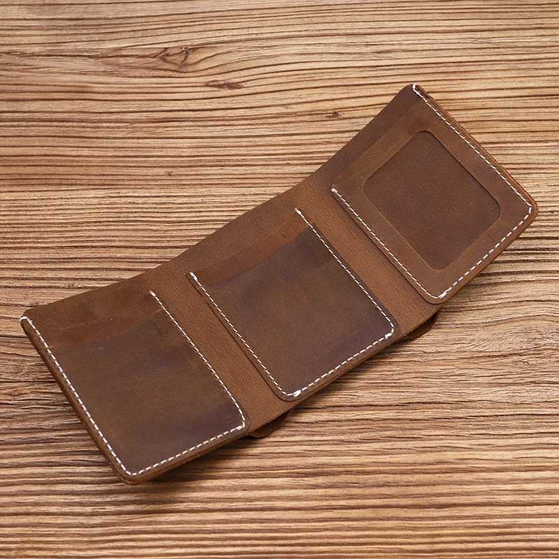 100% Genuine Leather Wallet for Men Male Cowhide Vintage Handmade Short Trifold Mens Purse with ID Holder Money Bag XJ250806