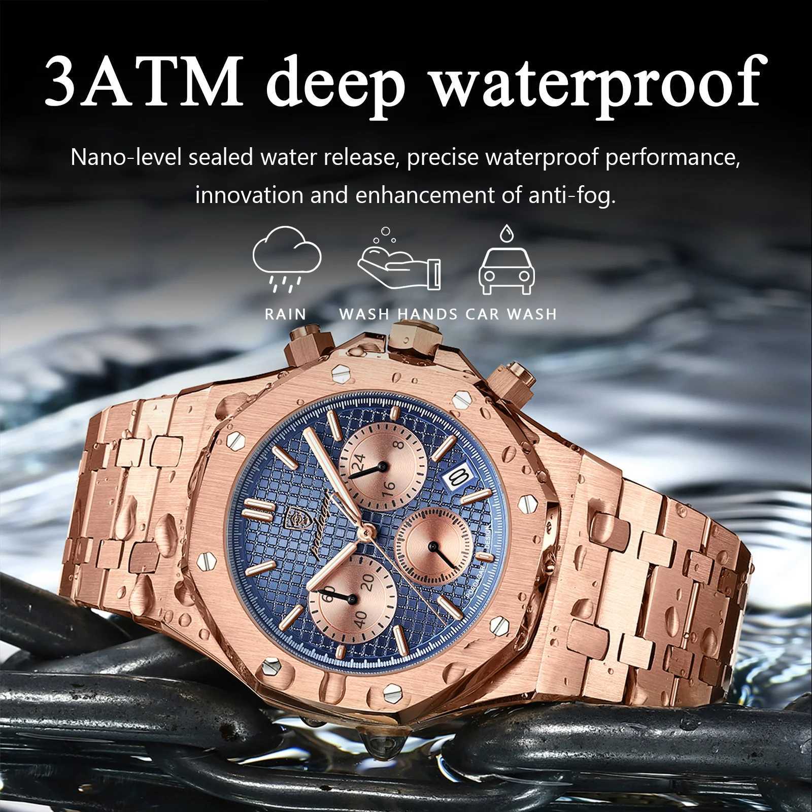 POEDAGAR Luxury Mens Stainless Steel Date Chronograph Male Waterproof Luminous Military Quartz Wristwatch for Men W250806