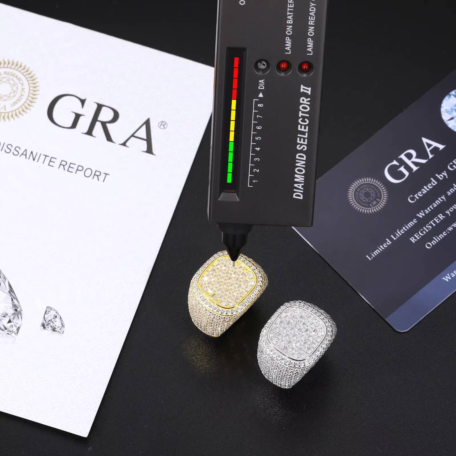GRA Certificate 18K Gold Plated 925 Sterling Silver VVS Baguette Moissanite Diamond Iced Out Signet Ring Hip Hop Jewelry for Men