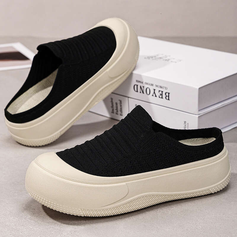 Women's Summer Breathable Thick-Soled Outdoor Closed-Toe Solid Color Shallow Mouth Height-Increasing Shoes Simple Soft-Soled Half Slippers