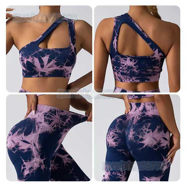 Seamless Knitted Tie-dye Yoga Hip Lift High Waist Elastic Sports Running Bra Set with Chest Pads H250806