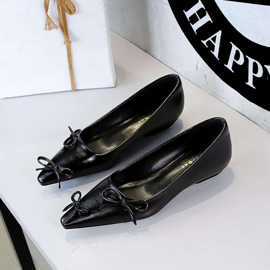 Korean Style French Elegant Pointed Fairy Wedge Heel Shallow Mouth Bowknot Slimming Slip-On Single Shoes for Women