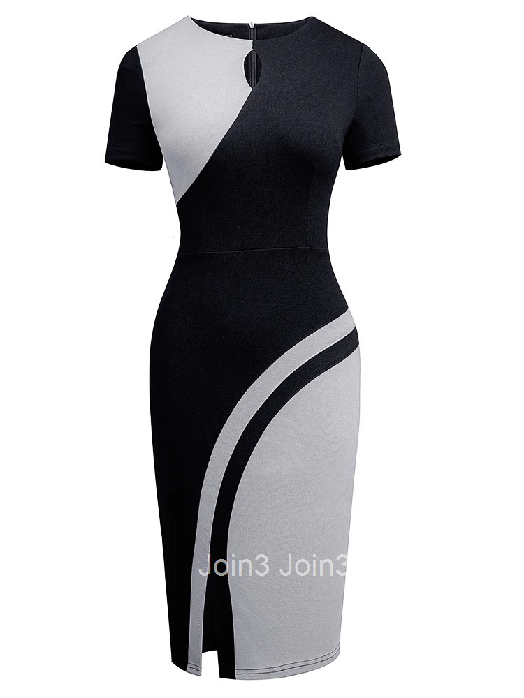 Nice-forever New Spring Elegant Stylish Contrast Color Patchwork Office Work vestidos Business Bodycon Women Dress B571